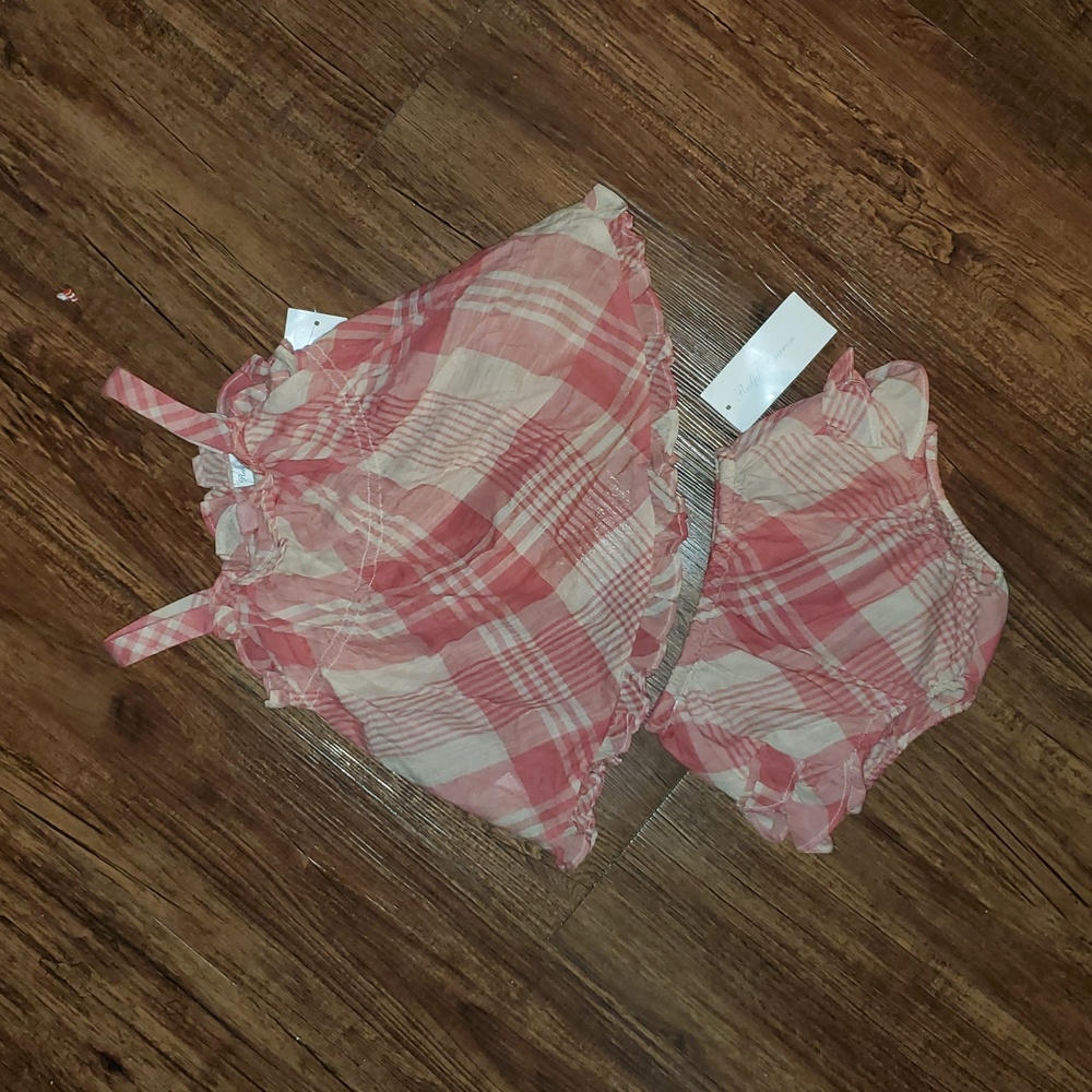 New Ralph Lauren Tan/Red Plaid 2 Piece Ruffle Scallop Hem Swing Dress Set 12 Mo.